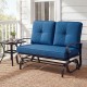 Navy 2-seat outdoor swing glider chair with thick cushions, curved backrests, and sturdy steel frame for patio.