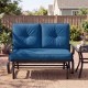 Two-seat outdoor swing glider chair with navy cushions, featuring a sturdy steel frame for patio relaxation.