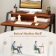 2-tier walnut computer desk with ergonomic monitor stand, spacious workspace, and durable powder-coated iron frame.