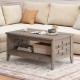 Farmhouse coffee table with a spacious top in oak, featuring a lower shelf for storage and a stylish woven accent.