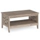 2-tier farmhouse coffee table in oak with open shelf and woven decorations, perfect for living room storage and style.
