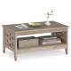2-tier farmhouse coffee table in oak with open shelf, woven decorations, and ample storage for living room essentials.