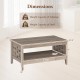 2-tier farmhouse coffee table in oak with open shelf, dimensions shown for living room storage and decor.