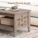 2-tier farmhouse coffee table with woven decorations, oak finish, and open shelf for living room storage and style.