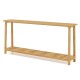 2-tier farmhouse sofa table with teak wood frame, featuring a spacious 71" tabletop and lower storage shelf for.