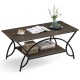 2-tier faux marble coffee table with oak finish, metal frame, and storage shelf for stylish organization in any room.