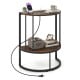 Half moon console table in rustic brown with power outlets, featuring two tiers for storage and a durable metal frame.