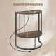 Half moon console table in rustic brown with power outlets, featuring two tiers for organized storage and a durable metal frame.