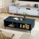 Mid-century modern blue coffee table with 2-tier storage shelves and open compartments, perfect for living room.