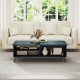 Mid-century modern blue coffee table showcasing ample storage compartments and a spacious tabletop for versatile use.