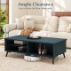 Mid-century modern blue coffee table with ample clearance, featuring 2-tier storage shelves and a spacious tabletop for.