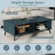 Mid-century modern coffee table in blue with 2-tier storage shelves and open compartments for easy access to essentials.