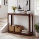 Mid-century 2-tier brown wood console table with storage baskets, perfect for living room or hallway display.