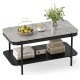 Modern rectangular coffee table with a gray sintered stone top and open storage shelf for stylish living room.