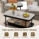 Modern rectangular coffee table with gray sintered stone top, featuring open storage shelf and robust metal frame for.