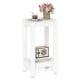 White 2-tier nightstand with solid wood legs, offering ample storage for bedroom or living room use.