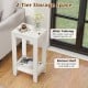 2-tier nightstand in white with wooden legs, featuring a wide tabletop and bottom shelf for storage in any bedroom.