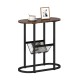 Narrow oval end table in rustic brown with a sturdy steel frame and mesh shelf, ideal for small spaces and bedside use.