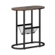 Narrow oval end table in rustic brown with a mesh storage bag, ideal for small spaces beside a bed or sofa.