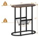 Narrow 2-tier oval bedside end table in rustic brown with a mesh storage bag, perfect for small spaces and added.