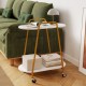 2-tier rolling end table with faux marble surfaces and yellow metal frame, ideal for small spaces in living rooms or offices.