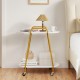 2-tier rolling end table with faux marble surfaces, yellow metal frame, perfect for small spaces in bedrooms or living rooms.