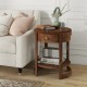 Round end table with drawer and lower shelf, featuring a rustic wood grain finish for stylish decor display.