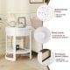 Round 2-tier end table in white with wood grain finish, featuring a drawer and lower shelf for decorative items.