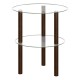 Round end table featuring a clear tempered glass top and shelf with solid rubber wood legs for stylish storage.
