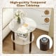 2-tier round end table with clear tempered glass top, brown rubber wood legs, and safe round edges for easy maintenance.