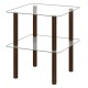 Square end table featuring a clear tempered glass top and brown rubber wood legs, perfect for lamps and decorations.