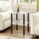 Square end table featuring a clear tempered glass top and brown rubber wood legs, perfect for living room decor.