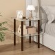 2-tier square end table with a clear tempered glass top and brown rubber wood legs, ideal for lamps and decorations.