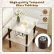 2-tier square end table featuring a clear tempered glass top and solid rubber wood legs for stylish and stable storage.