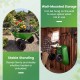 Heavy-duty light green wheelbarrow with 330 lbs capacity, featuring stable standing and wall-mounted storage option.