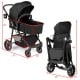 Dimensions of the 2 in 1 foldable black baby stroller, showcasing the compact folded design for easy storage and.