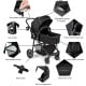 2 in 1 foldable black baby stroller with adjustable canopy, five-point harness, and large storage basket for infants.
