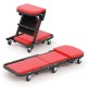 Folding low profile mechanic creeper in red, convertible between stool and flat creeper, with padded seat and 6 wheels.