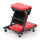 Red 2-in-1 folding mechanic creeper with padded seat, heavy-duty frame, and 6 wheels for garage and workshop use.