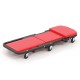 Red 2-in-1 folding mechanic creeper with padded seat, heavy-duty frame, and 6 wheels for easy mobility in workshops.