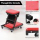 Detail view of the padded seat on the red 2-in-1 folding mechanic creeper, featuring an easy-to-clean PVC leather.