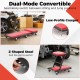 2-in-1 folding low profile mechanic creeper in red, convertible to Z-shaped stool, features 6 wheels for easy mobility.