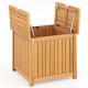 Square acacia wood outdoor side table with storage, featuring an openable slatted top for easy access. Ideal for patios.
