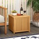 Square acacia wood side table with slatted design, featuring storage and an umbrella hole, ideal for outdoor use.