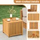 Square acacia wood side table with slatted design, gas-strut opening for storage, ideal for outdoor use.