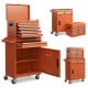 2-in-1 rolling tool chest in orange with five sliding drawers, large cabinet, and hooks for hanging tools.