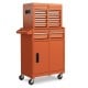 2-in-1 rolling tool chest in orange with five lockable drawers, large cabinet, and four swivel wheels for easy mobility.