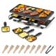 2-in-1 table grill and griddle with reversible nonstick plate, includes 8 cheese pans and wooden spatulas for group meals.