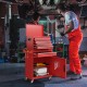 Red 2-in-1 tool chest and cabinet with five sliding drawers, ideal for organizing tools in a workshop or garage.