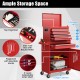 Red 2-in-1 tool chest with 5 sliding drawers, top organizer, and side tool hooks for efficient tool storage.